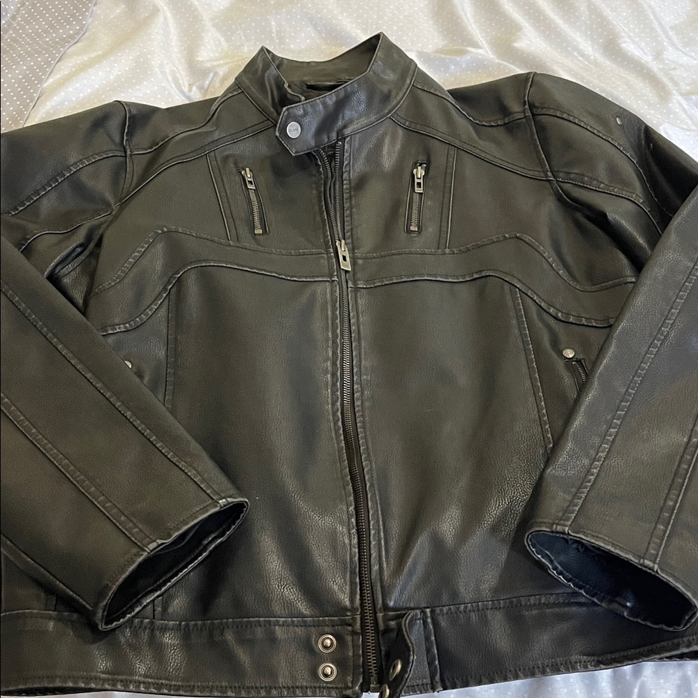Guess Black Leather Bomber Jacket with Chest Zip Pockets